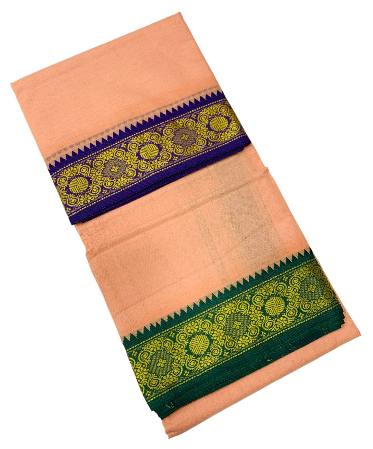 9X5 Cotton Dhoti Light Salmon Colour with Blue and Green Border