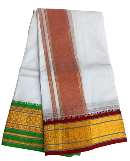 9X5 Cotton Dhoti White Colour with Yellow, Maroon Border