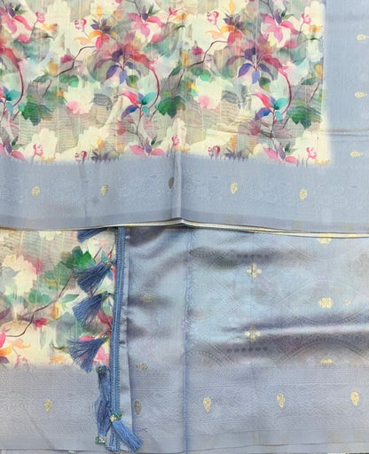 Digital Print Cotton Saree Light Blue Colour with Floral Pattern