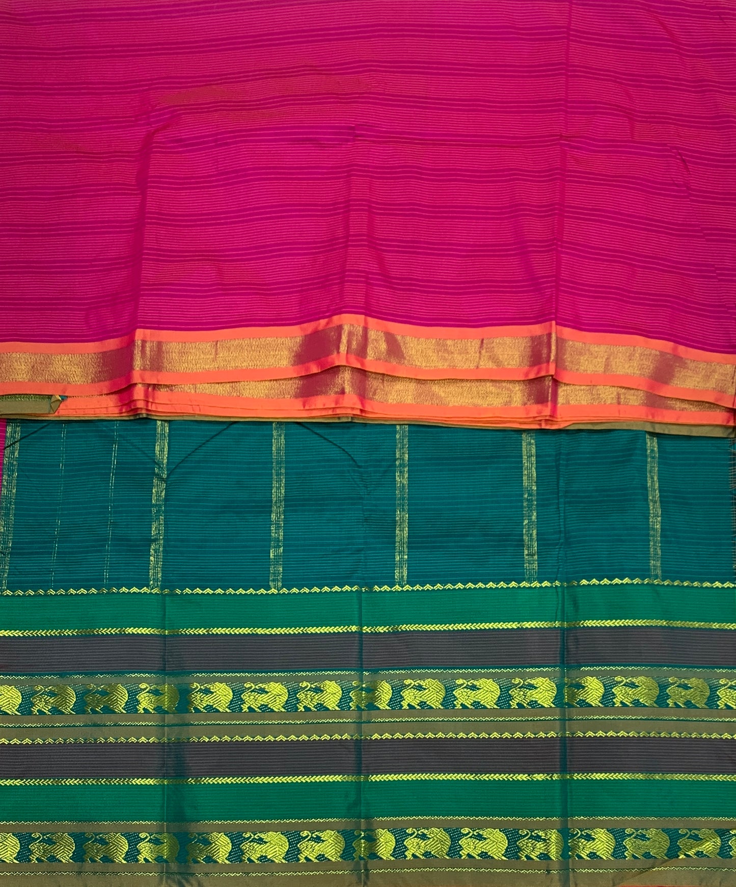 Arani Silk Saree Pink Colour with Olive Green Border with Animal Design