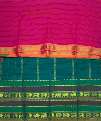 Arani Silk Saree Pink Colour with Olive Green Border with Animal Design