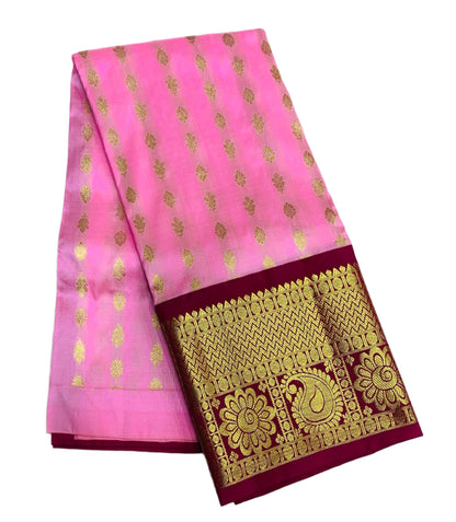 Rose Milk Colour Pure Kanchipuram Kids Pattu Pavadai with Contrast border for age 2 to 5