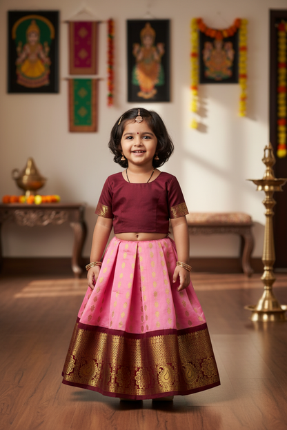 Rose Milk Colour Pure Kanchipuram Kids Pattu Pavadai with Contrast border for age 2 to 5