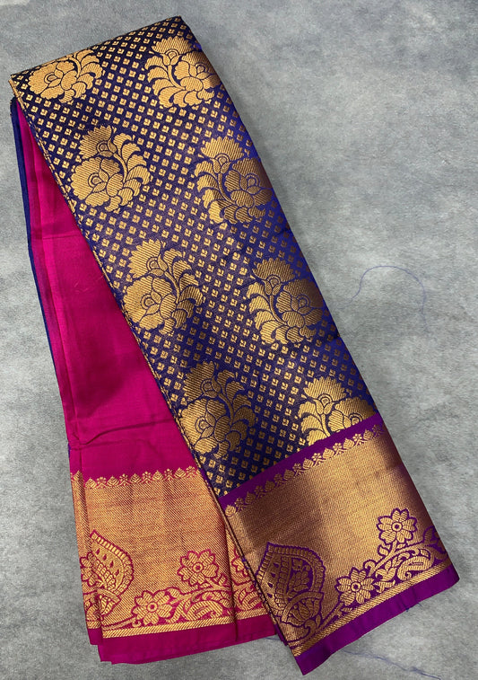 Vegan Silk Saree Blue Colour with Magenta and Copper Border
