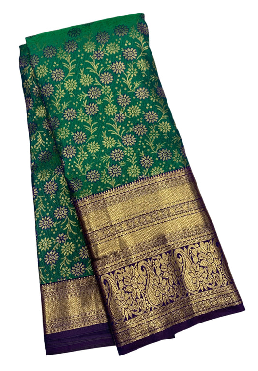 Vegan Silk Saree Green Colour with Violet Border