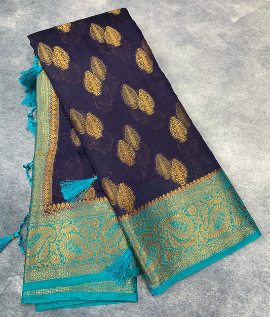 Crepe Saree Navy Blue Colour with Sky Blue Border