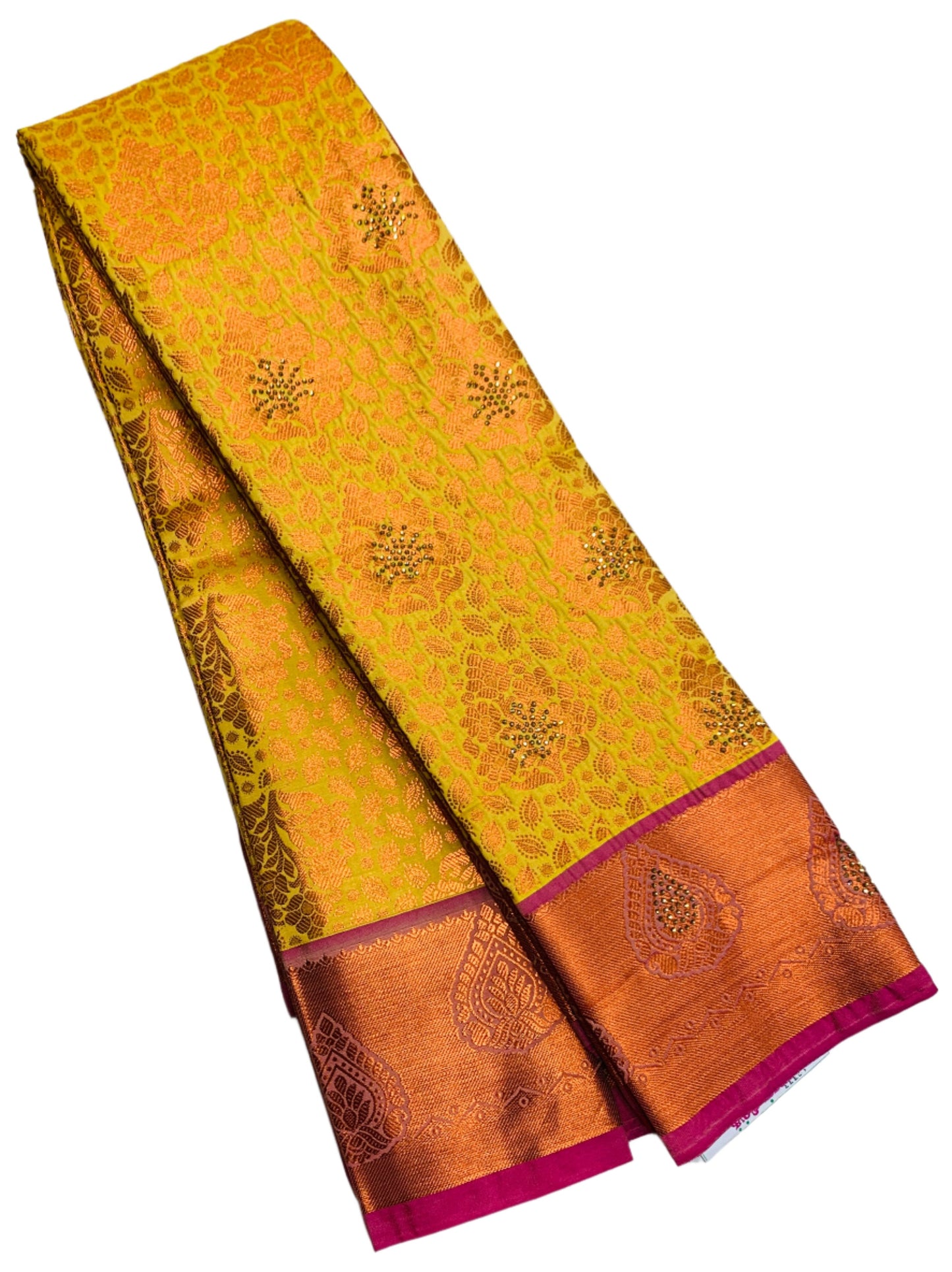 Vegan Silk Saree Lemon Yellow Colour with Copper and Pink Border