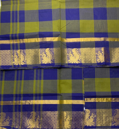 Chettinad Cotton Saree Olive Green and Blue Colour with Checked Design