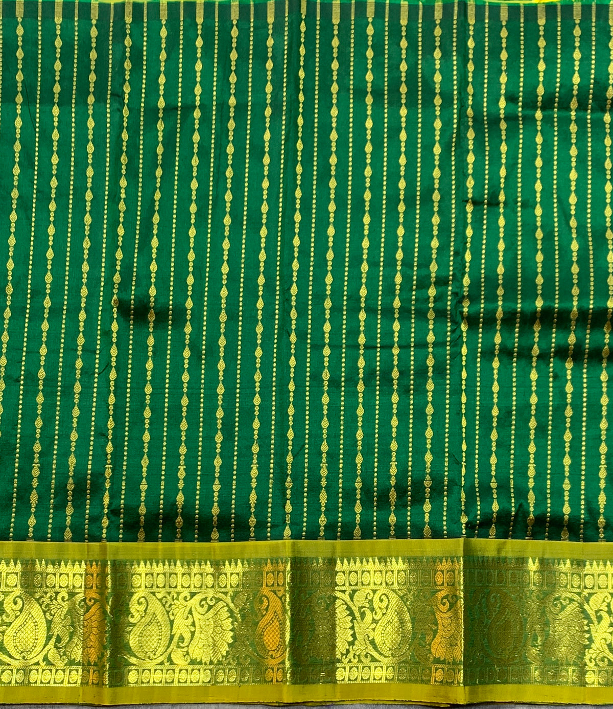Green Shade Pure Kanchipuram Kids Pattu Pavadai with Contrast Border for Newborn to 2 Years