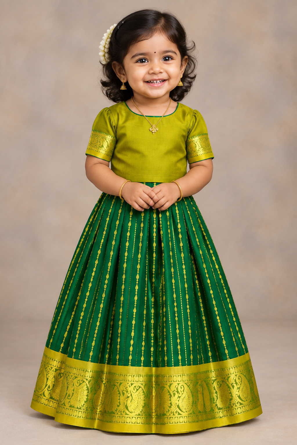 Green Shade Pure Kanchipuram Kids Pattu Pavadai with Contrast Border for Newborn to 2 Years