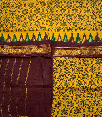 Chettinad Sungudi Cotton Mustard Colour with Brown Border