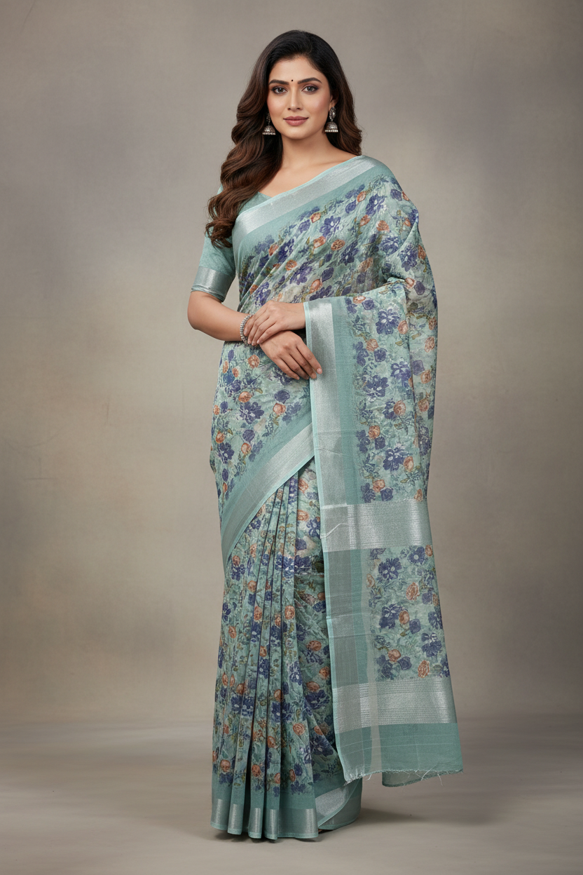 Jute Cotton Saree Pastel Green Shade with Thread Border