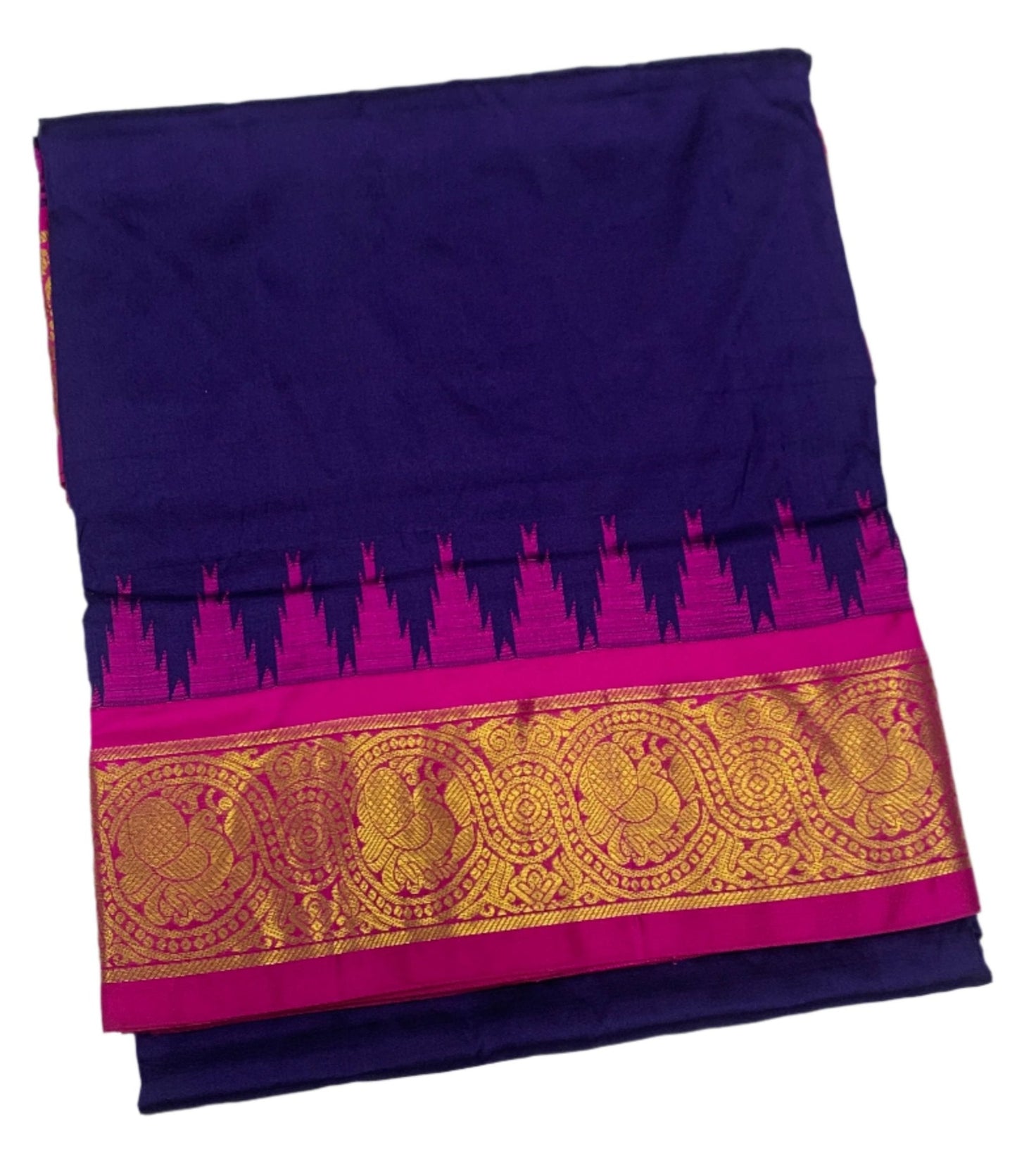 9 yards Pure Kanchipuram Silk Saree Navy Blue Colour With Pink Border