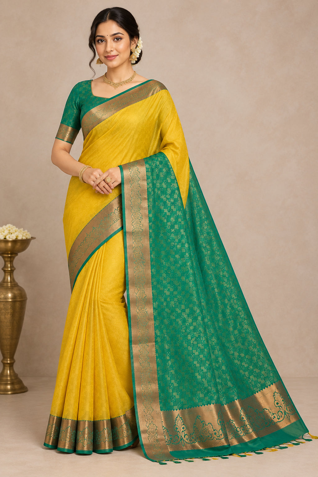 Poly Cotton Saree Yellow Colour with Copper Border