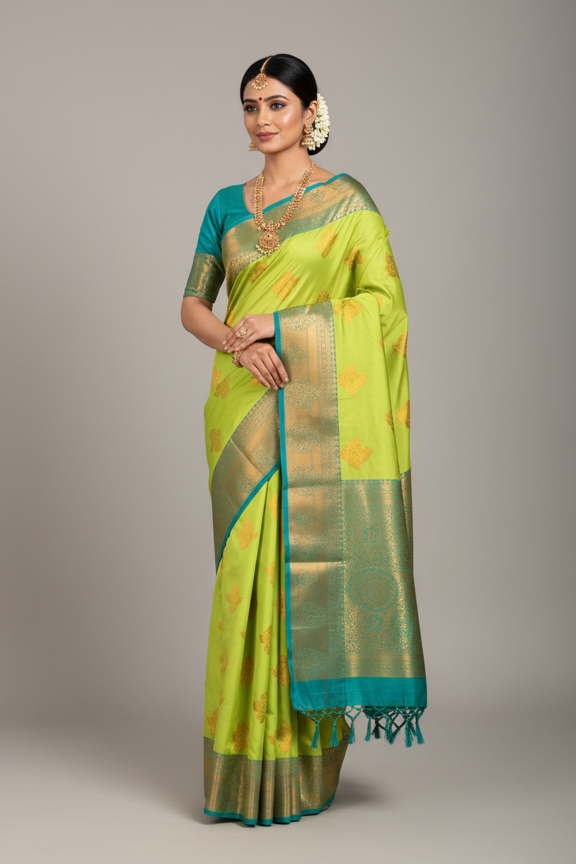 Soft Silk Casual Saree Apple Green Colour with Rama Green and Golden Colour Border