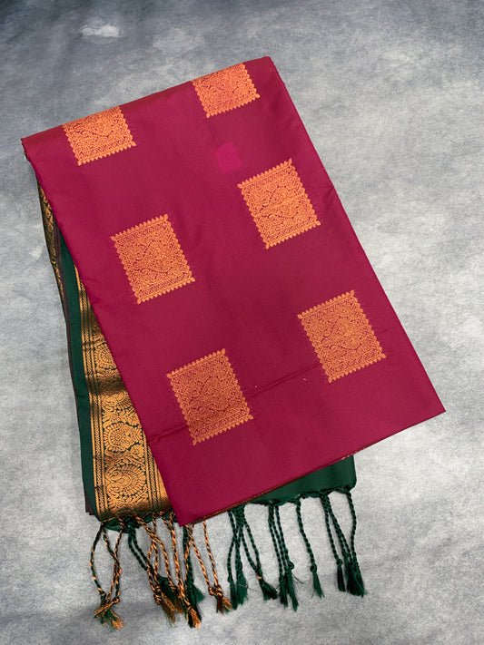 Soft Vegan Silk Saree Maroon Colour with Green and Copper Border