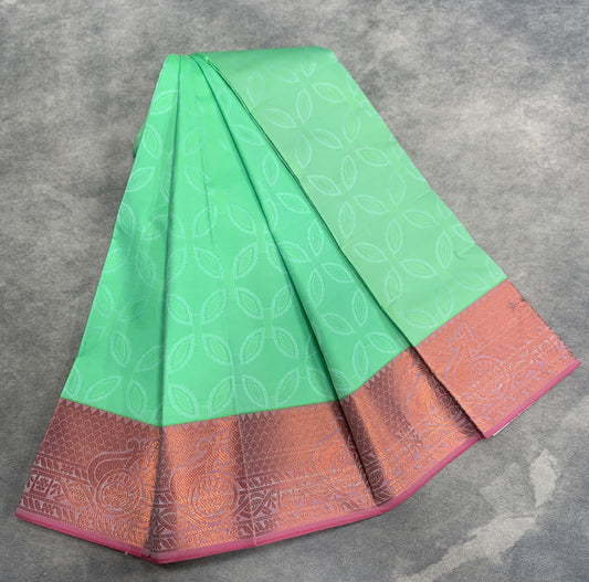 Synthetic Cotton Saree Pista Green Colour with Copper Border