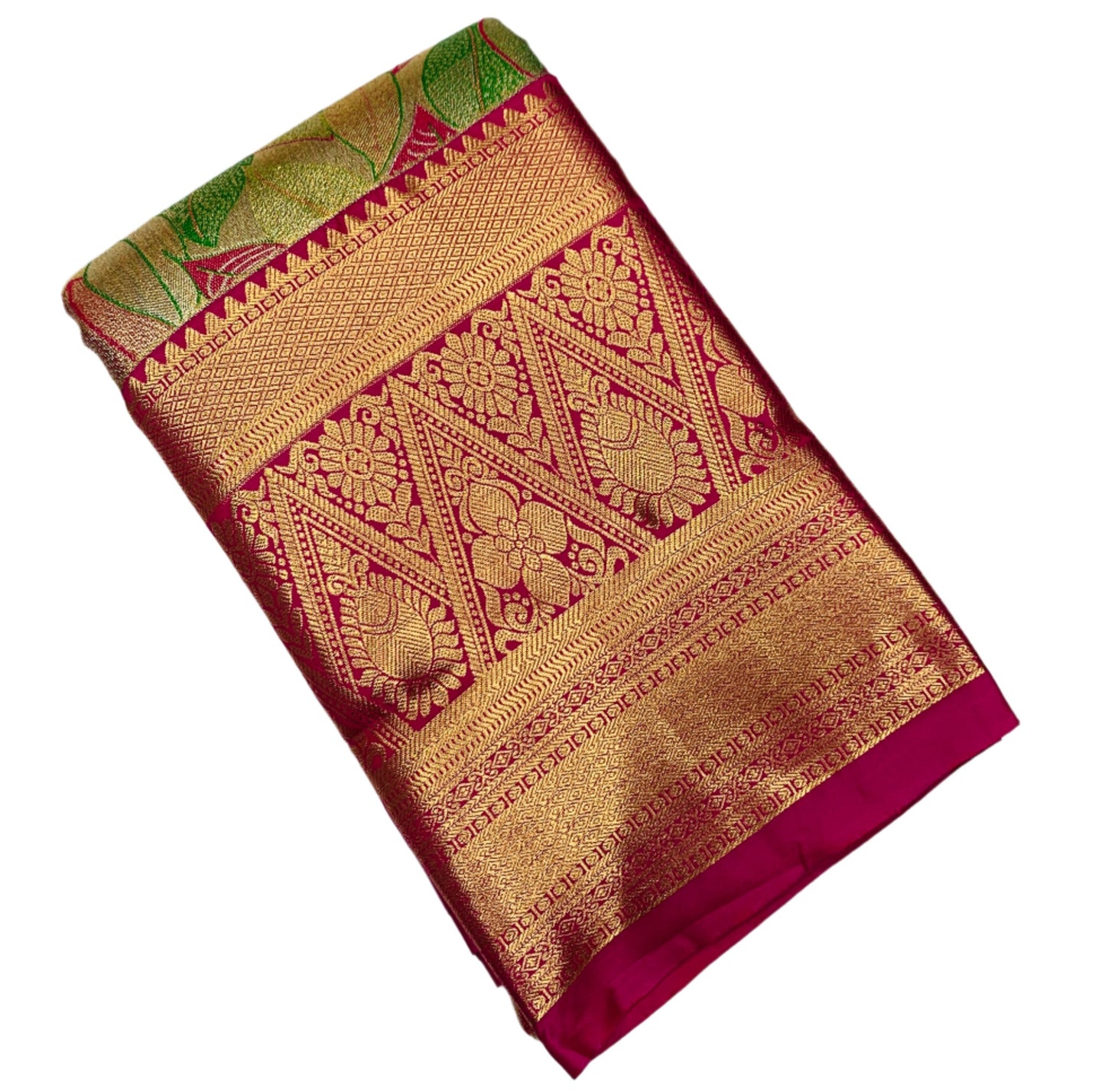 Light Green & Pink Leaf Soft Kanchi Tissue Pattu Saree with Pink border