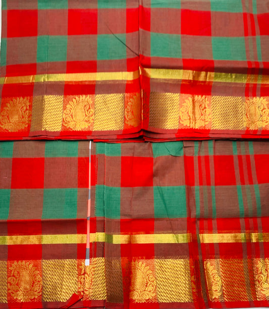 Chettinad Cotton Saree Green and Red Colour with Checked Design