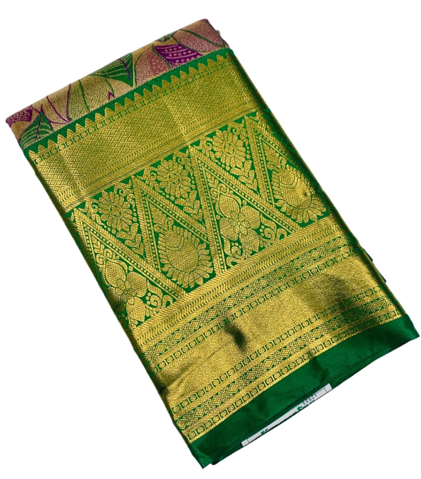 Purple & Green Leaf Soft Kanchi Tissue Pattu Saree with Green border