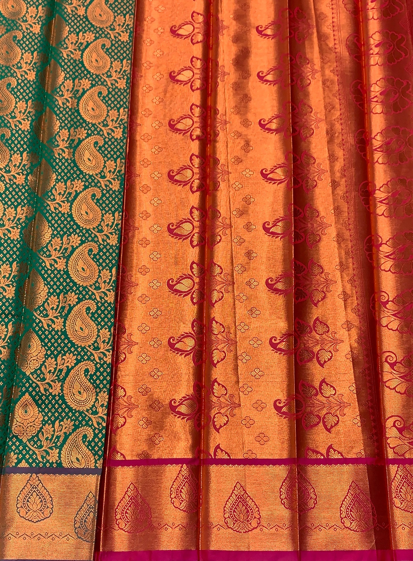 Vegan Silk Saree Green Colour with Magenta and Copper Border