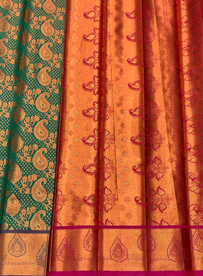 Vegan Silk Saree Green Colour with Magenta and Copper Border