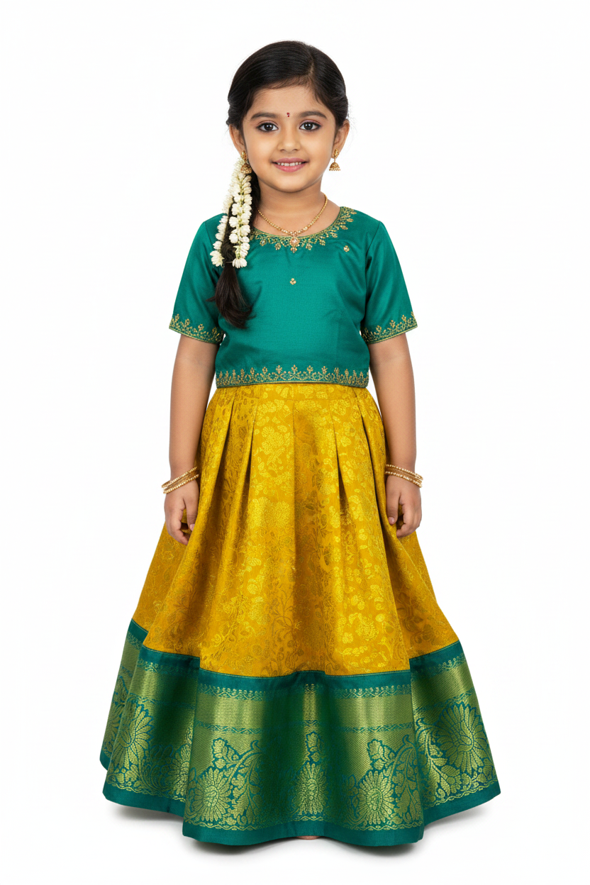 Mustard Shade Vegan Silk Kids Pattu Pavadai with Contrast Border for age 2 to 5