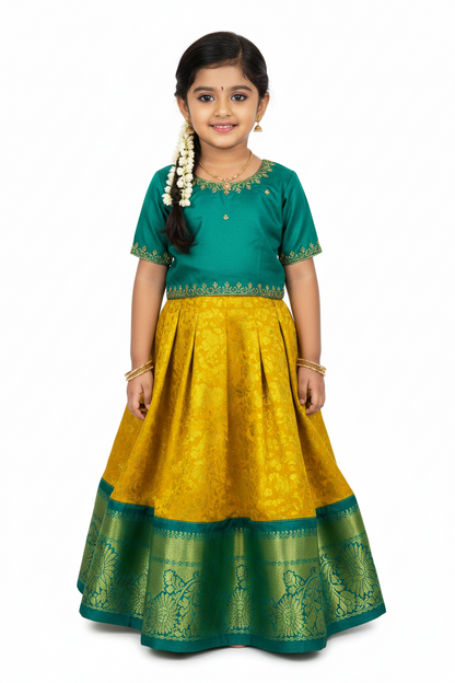 Mustard Shade Vegan Silk Kids Pattu Pavadai with Contrast Border for age 2 to 5