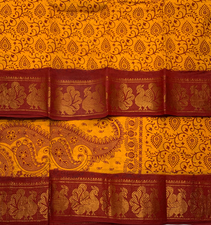 Chettinad Sungudi Cotton Mustard Colour with Maroon Border