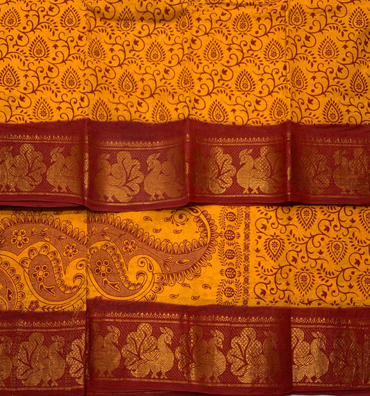 Chettinad Sungudi Cotton Mustard Colour with Maroon Border