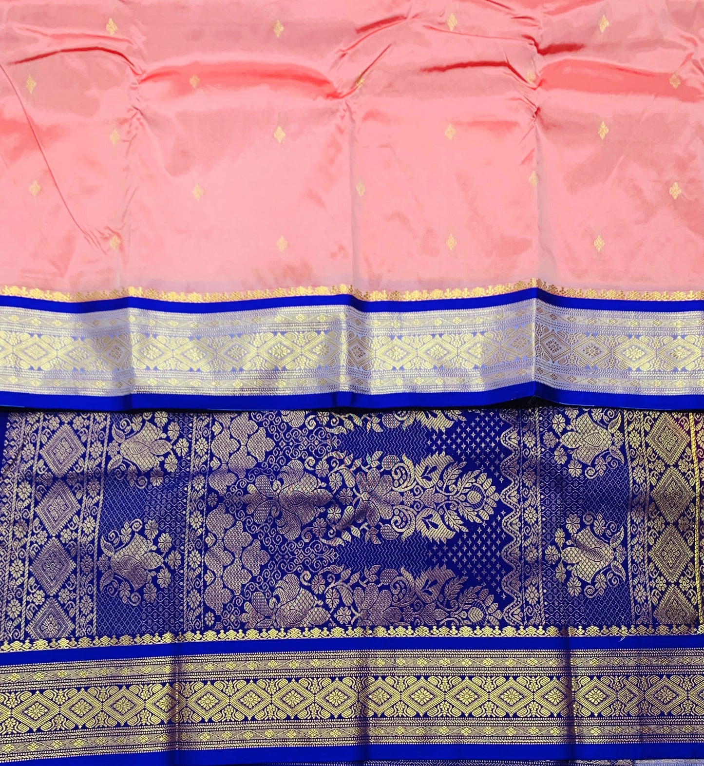 Light Peach Pink Shade Saree with Golden and Blue Border