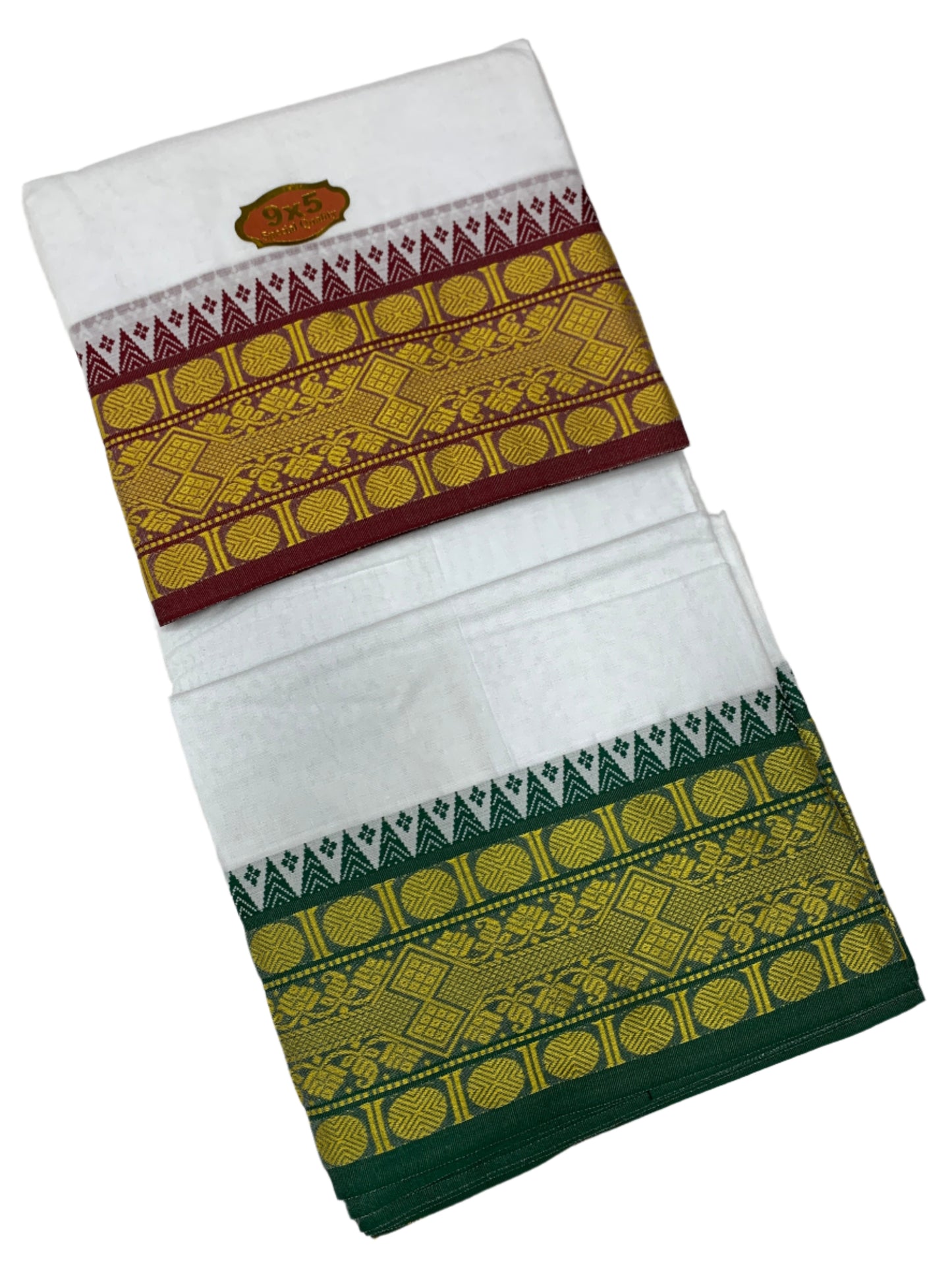 9X5 Cotton Dhoti White with Brown and Green Ganga Jamuna Border