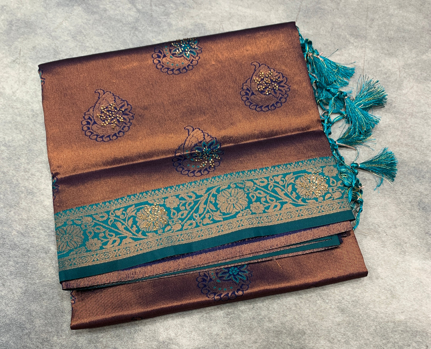 Art Silk Saree Maroon Colour and Stone Work with Rama Green Border