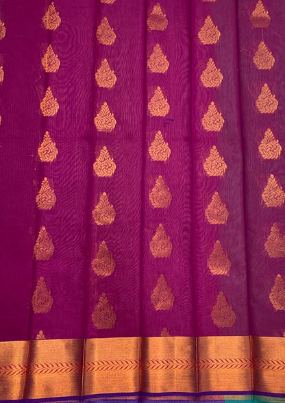 Magenta Shade Silk Cotton Saree with Copper Zari Border