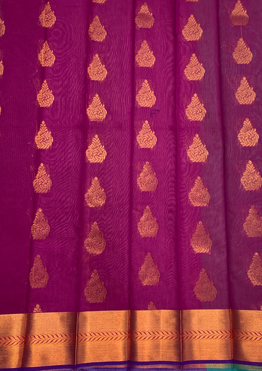 Magenta Shade Silk Cotton Saree with Copper Zari Border