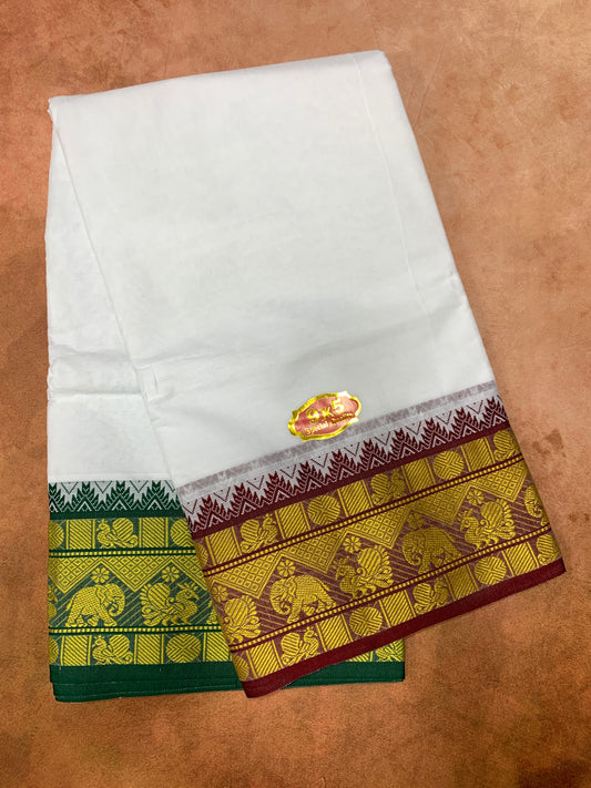 9X5 Cotton Dhoti White with Brown and Green Ganga Jamuna Border