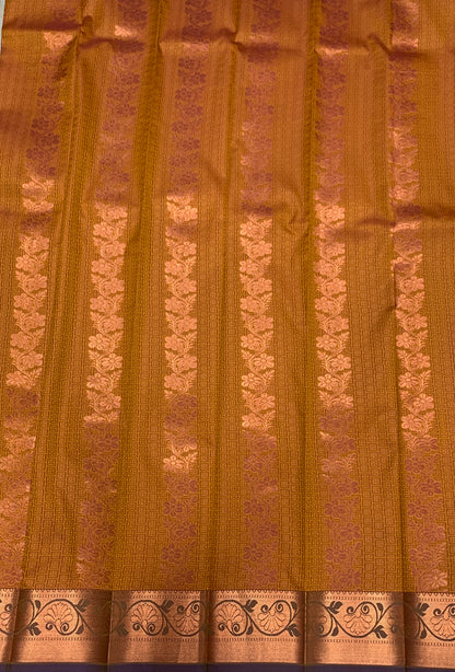 Vegan Silk Saree Mustard Colour with Copper and Blue Border