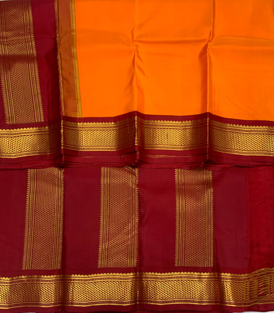 Pure Kanchipuram Silk Saree Mango Yellow shade with Maroon Border