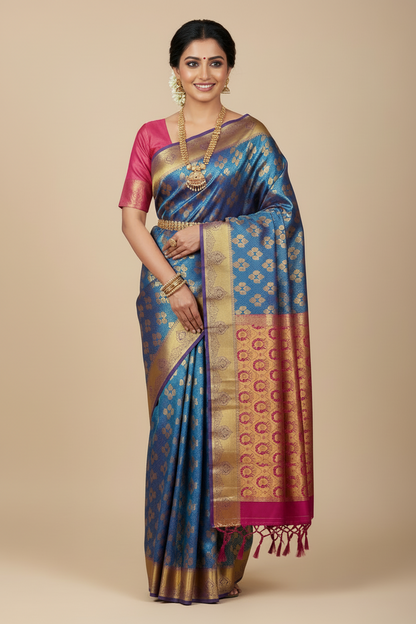 Vegan Silk Saree Blue Colour with Magenta and Copper Border