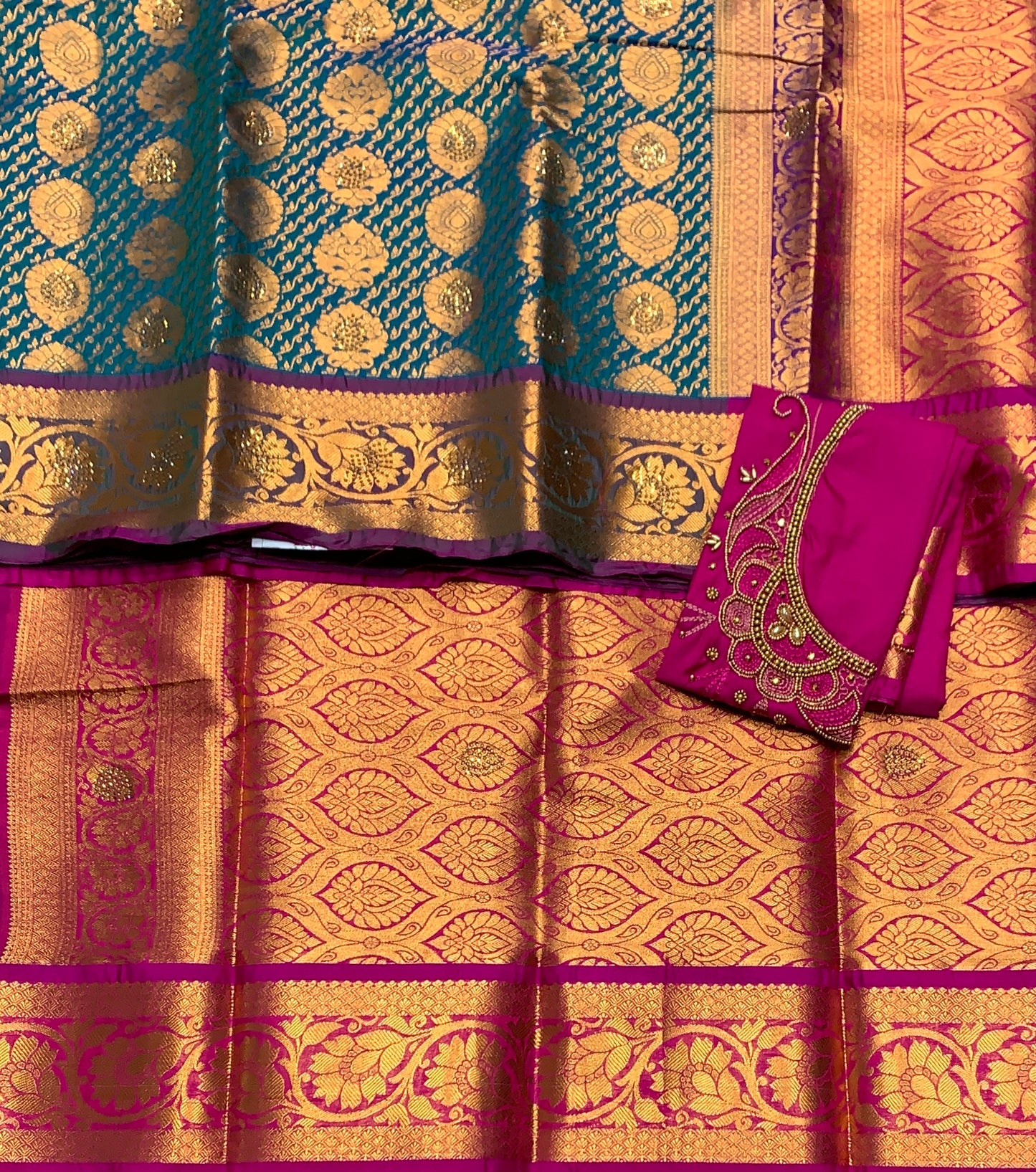 Bridal Vegan Silk Saree Peacock Blue shade with Purple Border with Unstitched blouse in Aari Work