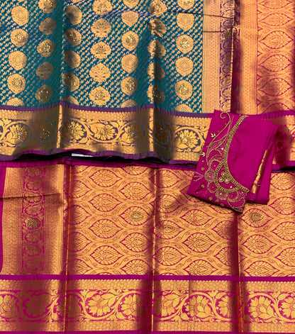 Bridal Vegan Silk Saree Peacock Blue shade with Purple Border with Unstitched blouse in Aari Work