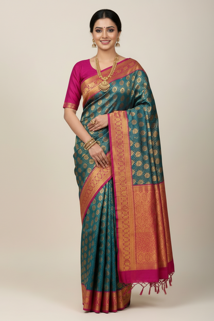 Bridal Vegan Silk Saree Peacock Blue shade with Purple Border with Unstitched blouse in Aari Work