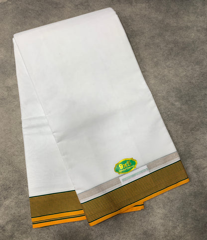 9X5 Cotton Dhoti White Colour with Green and Yellow Border