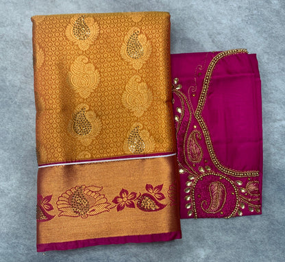 Bridal Vegan Silk Saree Golden Yellow shade with Pink Border with Unstitched blouse in Aari Work