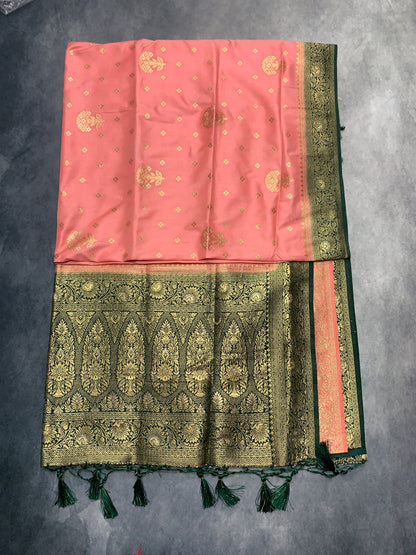 Soft Silk Casual Saree Peach Colour with Green Colour Border