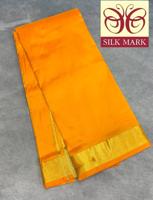 9X5 Pure Silk Dhoti Mango Yellow with Large Golden Zari Border