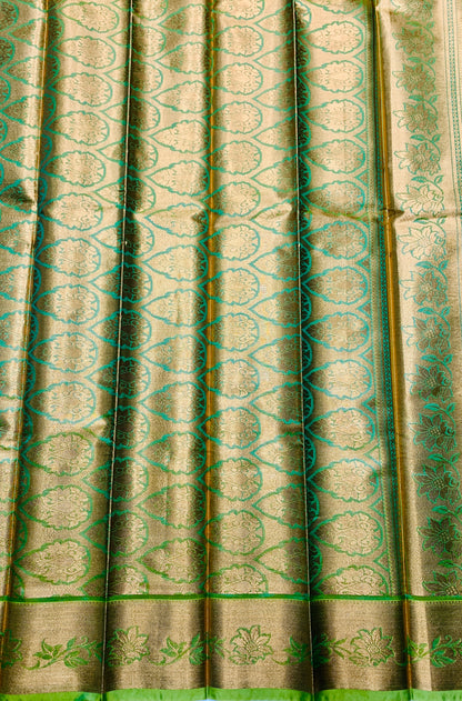 Vegan Silk Saree Rama Green Colour with Copper and Light Green Border