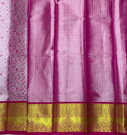 Baby Pink Shade Vegan Silk Kids Pattu Pavadai with Contrast Border for age 2 to 5
