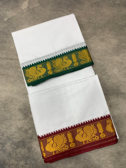 9X6 Cotton Dhoti White Colour with Green and Maroon Border with Angavastram