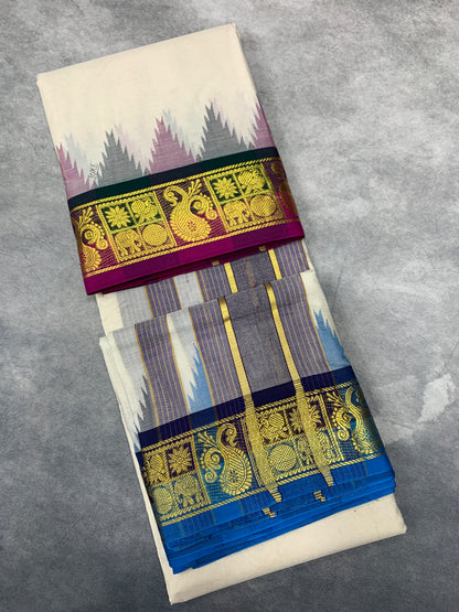 10X6 Korvai Cotton Dhoti Half White Colour with Multi Colour Border